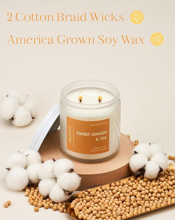 M&SENSE Sweet Ginger Tea Scented Candle - 11.6oz Natural Soy Non Toxic Candle 70-Hour Burn Time, 2 Wick Aromatherapy Housewarming Gifts for Home Decor & Women Men