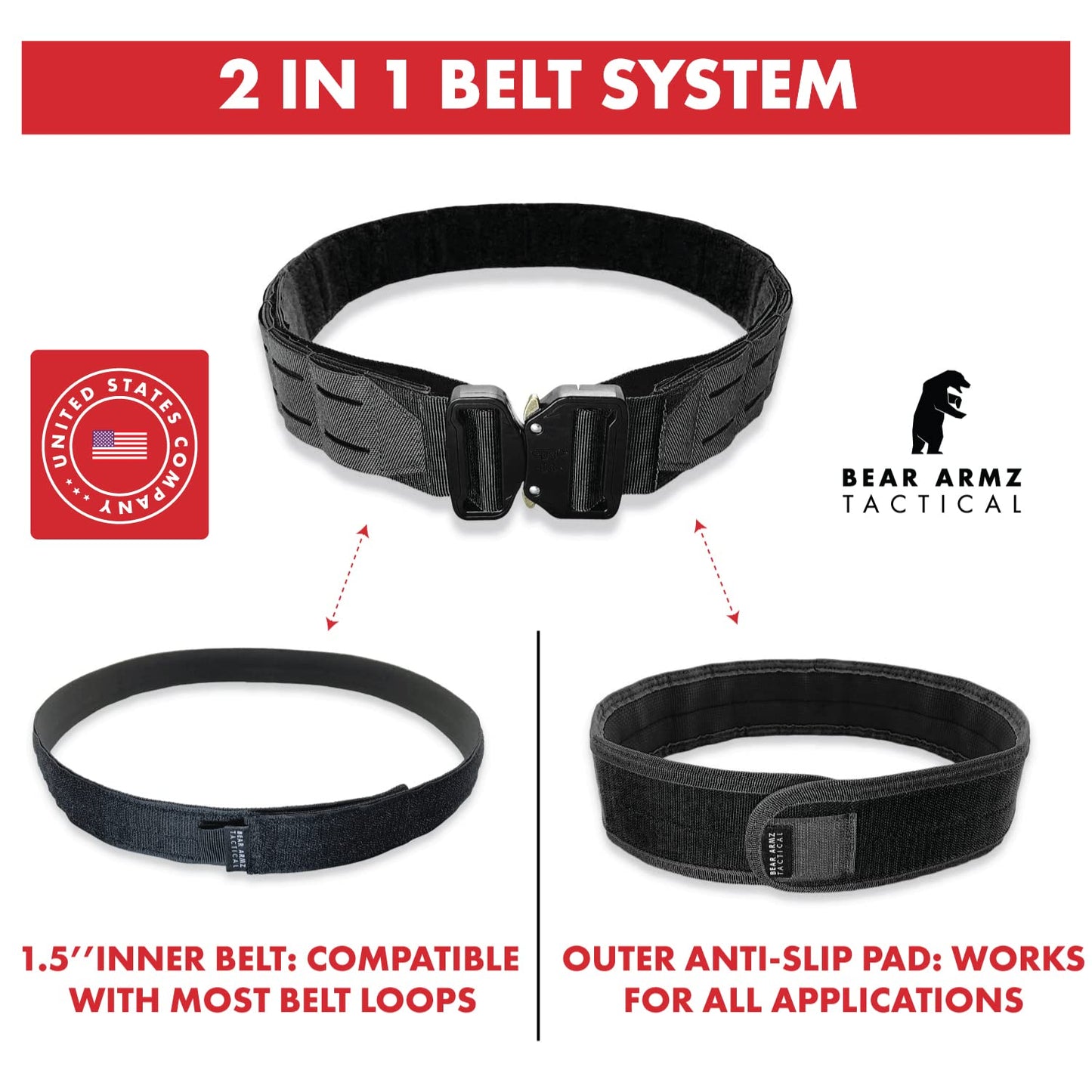 Bear Armz Tactical Battle Belt | Heavy Duty Nylon Belts | Molle Riggers Belt | American Company (Tactical Black, M- Medium)