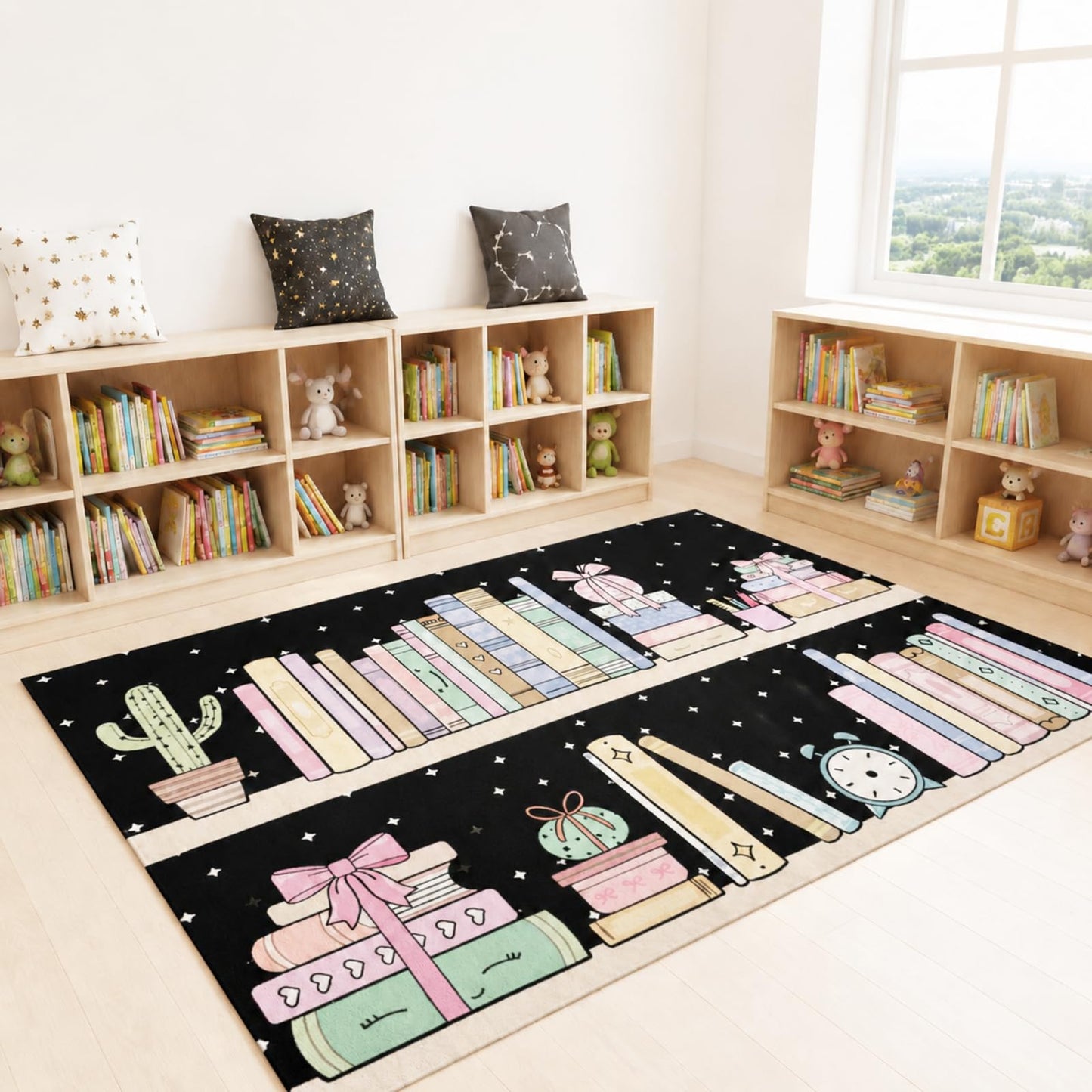 Klyyo Clyro Bookshelf with Dots Rug 5' x 7.6' Pastel Classroom Rug Non Slip Washable Large Educational Carpets for Classroom Nursery Library Playroom Bedroom Reading Decor