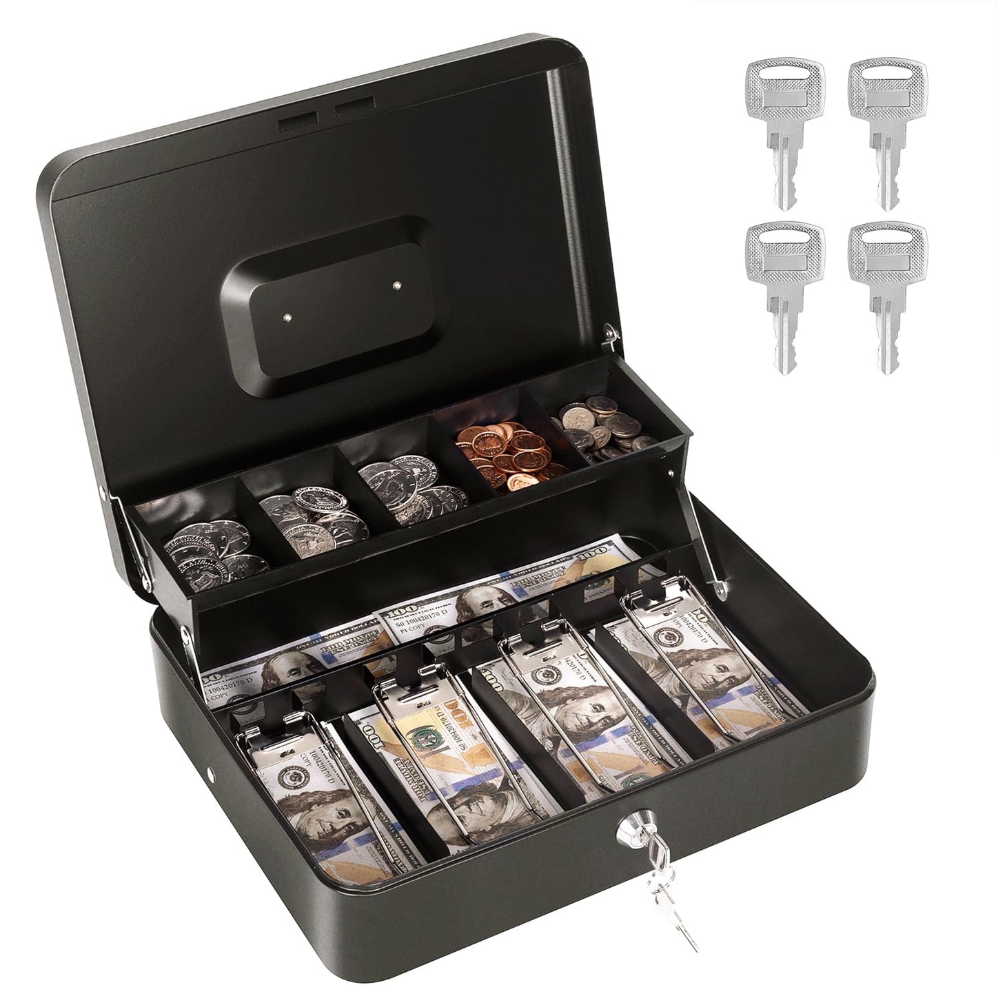 Cash Box with Money Tray and Lock, Metal Money Box for Cash Register, Large Cash Lock Box for Money Safe Includes 5 Slots Coin Tray, 4 Bill Slots, 4 Keys, 11.8" x 9.4" x 3.54" Black