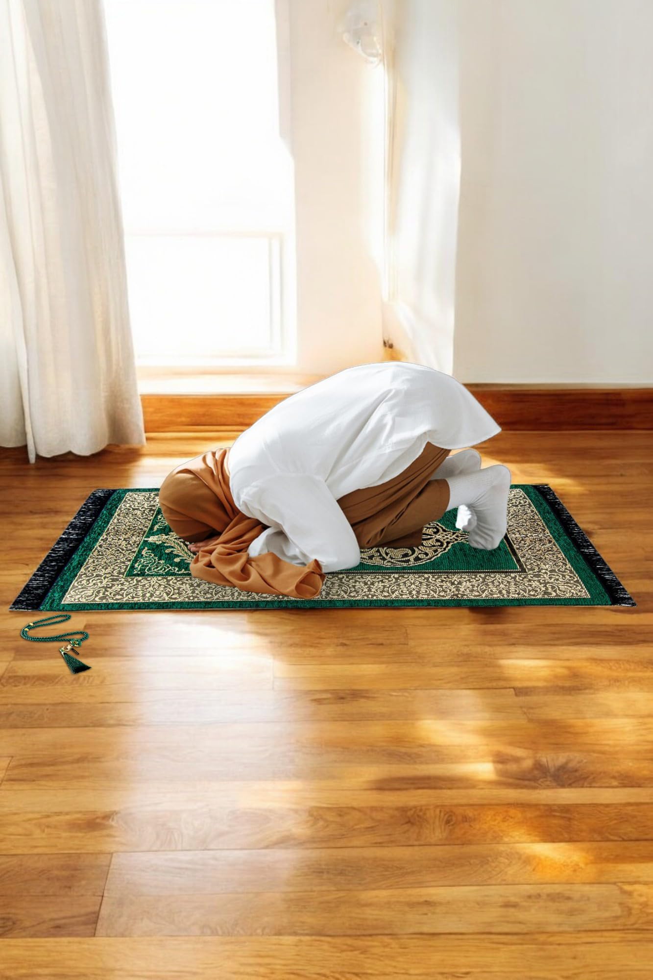 ihvan online Muslim Prayer Rug with 99 Beads Tasbih, Soft Chenille Sajadah, Lightweight & Foldable Janamaz, Portable Travel Prayer Mat, Islamic Gift for Eid, Ramadan, Hajj & Umrah, Cream