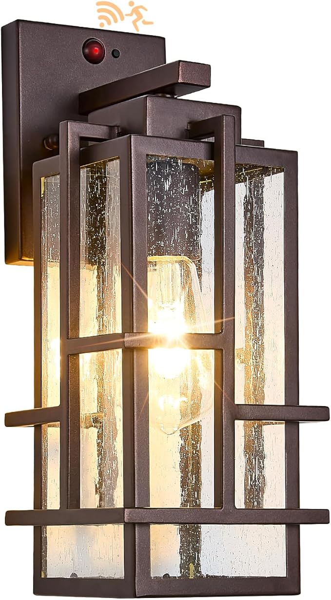 Motion Sensor Outdoor Wall Light Fixture, Dusk to Dawn Porch Light Oil Rubbed Bronze Exterior Lighting with Seeded Tempered Glass, Waterproof Outside Wall Mount Coach Lamp for House, Patio, Garage