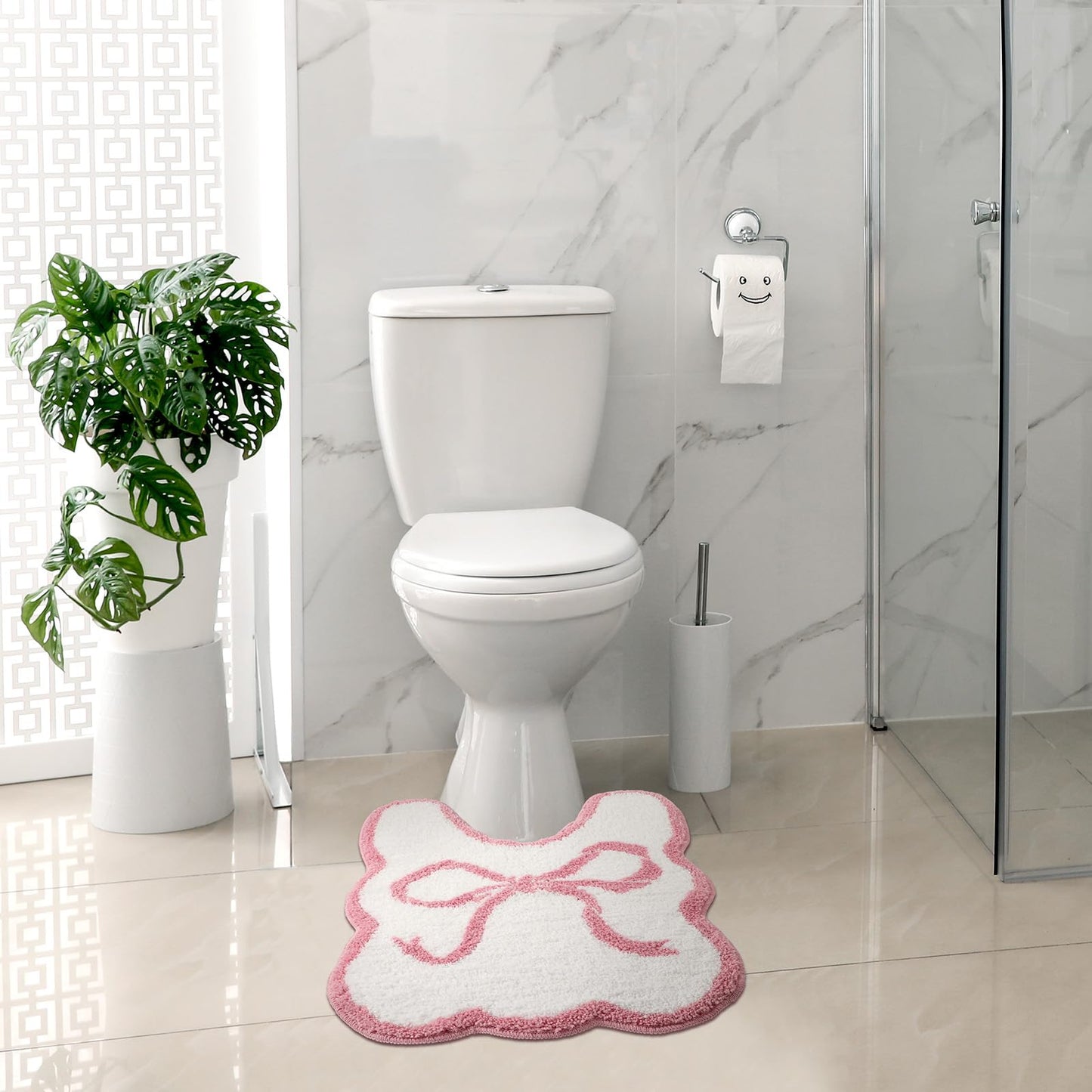 HunnmingRe Pink Bow Bathroom Decor Toilet Rug 24 x 20 Inches U-Shaped Luxury Scalloped Bathroom Mat Non Slip Cute Microfiber Soft Plush Bath Rugs Coquette Stuff for Toilet Base