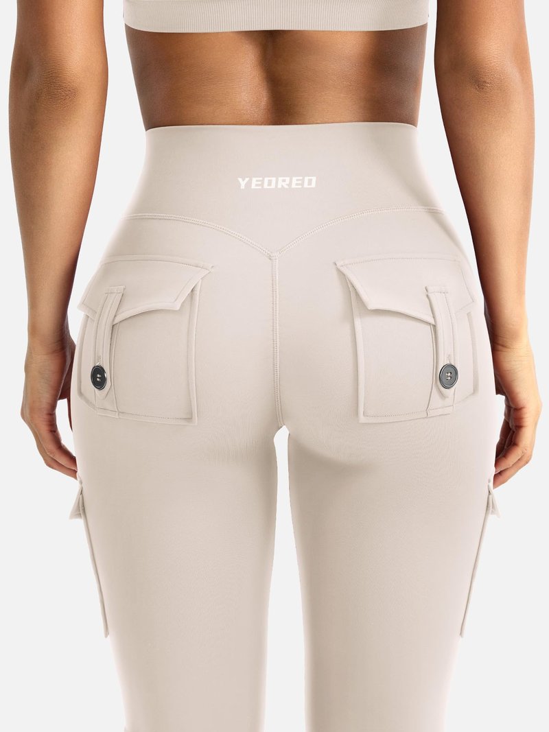 YEOREO CoreFlex Women Workout Flare Leggings with Pockets Hidden Scrunch High Waisted Cargo Gym Yoga Leggings Light Khaki XXL
