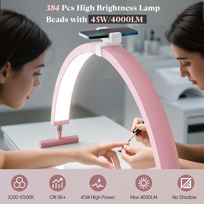 Nail Light for Desk, 30'' LED Half Moon Lamp for Nail Techs, Manicure and Handicraft, Adjustable Color Modes and Brightness, with Phone Holder (Pink)
