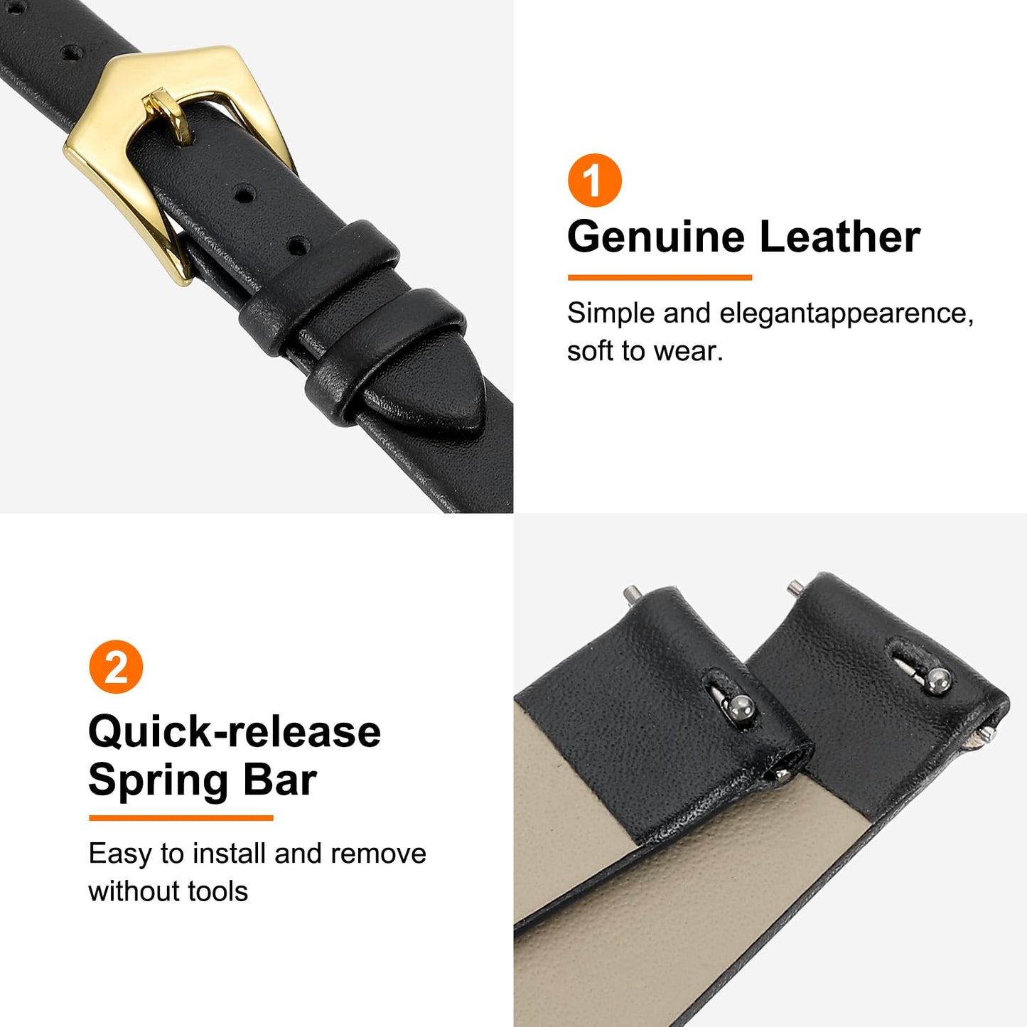 uxcell 12mm Black Genuine Leather Watch Bands, Quick Release Flat Thin Elegant Leather Watch Strap Wristband Replacement Bands with Gold Stainless Steel Buckle for Women