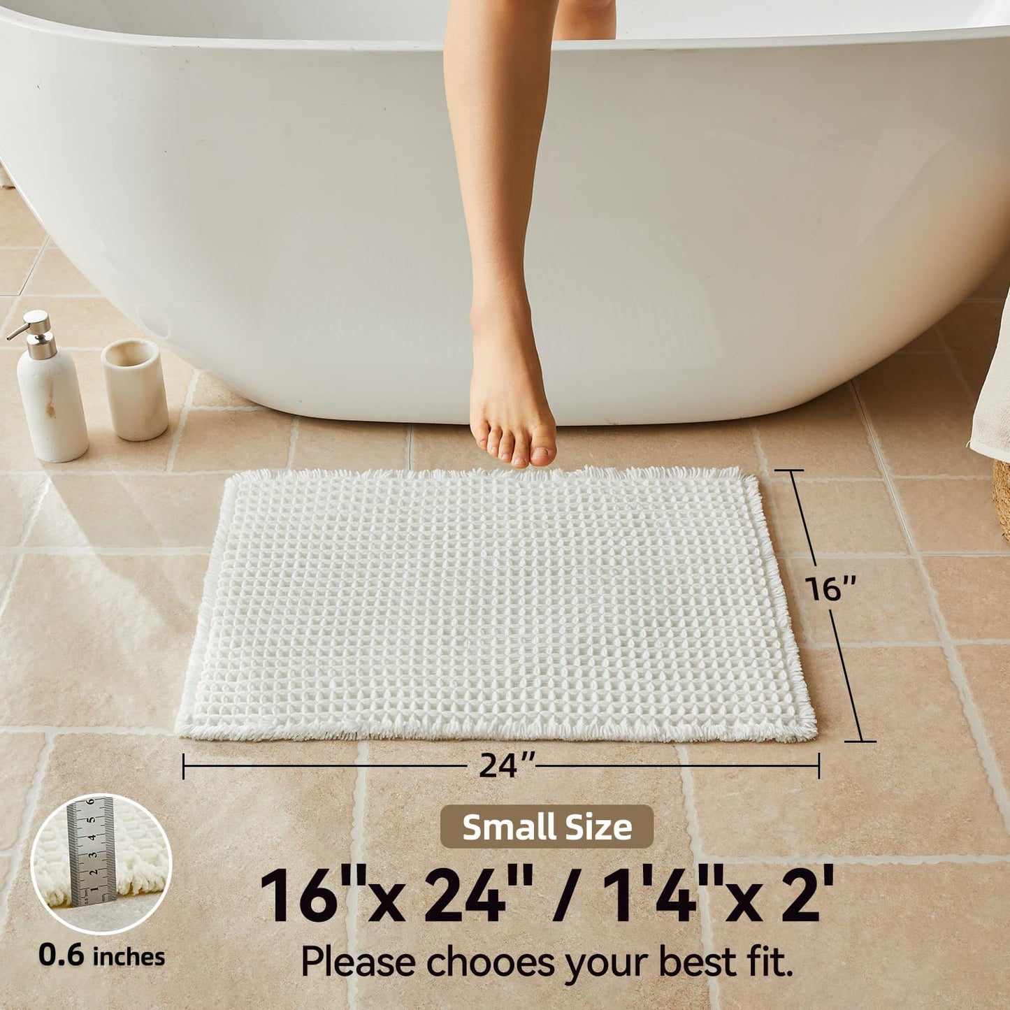 Triohero Waffle Bath Mat, Small Boho Bathroom Rugs Non Slip Washable, Ultra Soft Super Absorbent Quick Dry Farmhouse Bathroom Decor, 16" x 24", Cream White