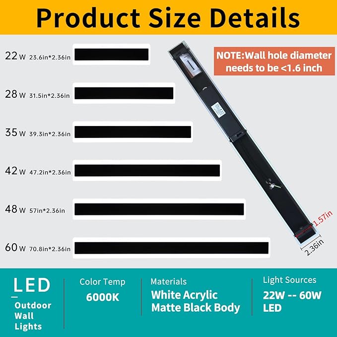 Mikeru 2Pack 57inch Long Led Wall Light, 6000k Cool White Modern Outdoor Wall Light Ip65 Waterproof Black Acrylic Porch Exterior Lighting Fixtures, Exterior Wall Mount Lights