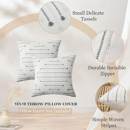 Mecatny Boho Outdoor Throw Pillow Covers 18X18 Set of 2, Farmhouse Decorative Pillow Covers for Couch Sofa Living Room, Beige & Grey