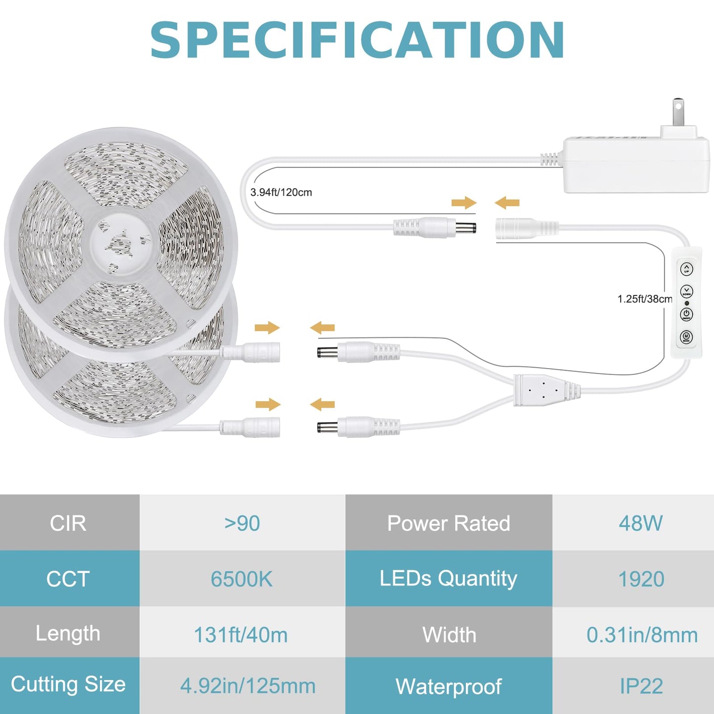 Wefomey White LED Strip Lights, 131ft Dimmable 24V LED Lights Strip 6500K Bright Daylight White, Flexible Tape Lights for Bedrooms, Kitchen, Cabinet, Christmas Decor, 2 Rolls of 65.6ft