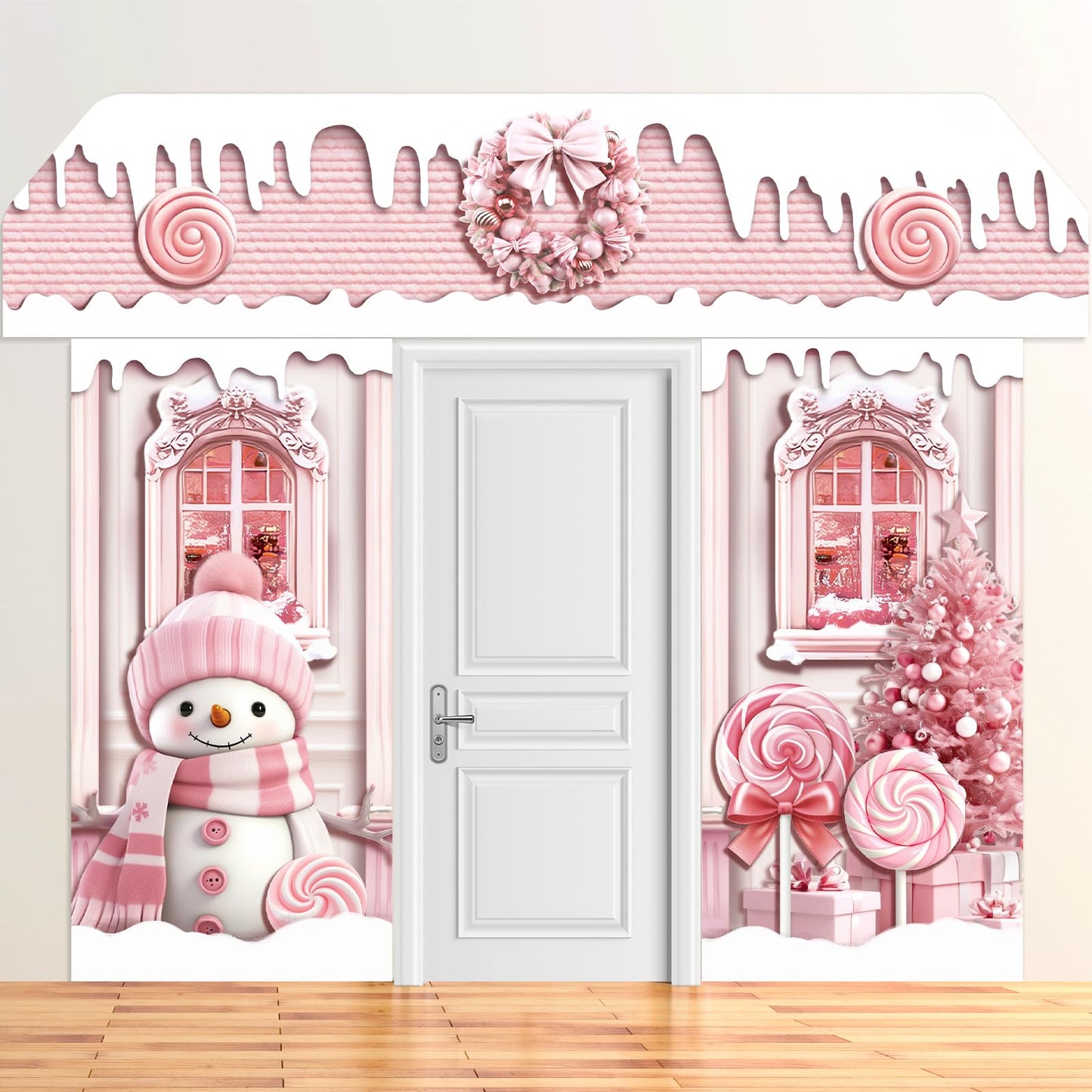 HunnmingRe 3 Pcs Christmas Gingerbread House Decorations Gingerbread Door Covers Backdrop Christmas Door Banners for Xmas Holiday Party Photography Photo Background Decor(Pink Style)