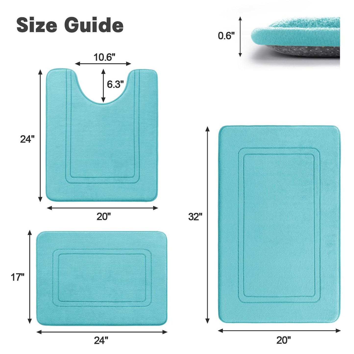 YIHOUSE Memory Foam Bath Mat Set, Bathroom Rugs Sets 3 Pieces, Non Slip Bath Mats for Bathroom, Super Soft and Water Absorbent Bath Rug Sets, Machine Washable U Shape Toilet Mats Set,Teal