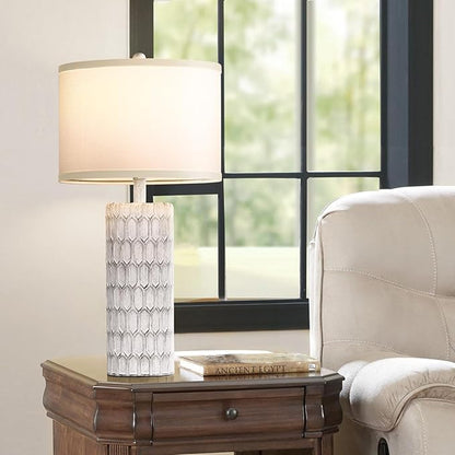 26" Farmhouse Table Lamps for Living Room Set of 2, Antique Traditional End Table Lamps for Bedroom Night Stand, White Shade Rustic Bedside Lamps with Grey-White Resin Body, Bulbs Included