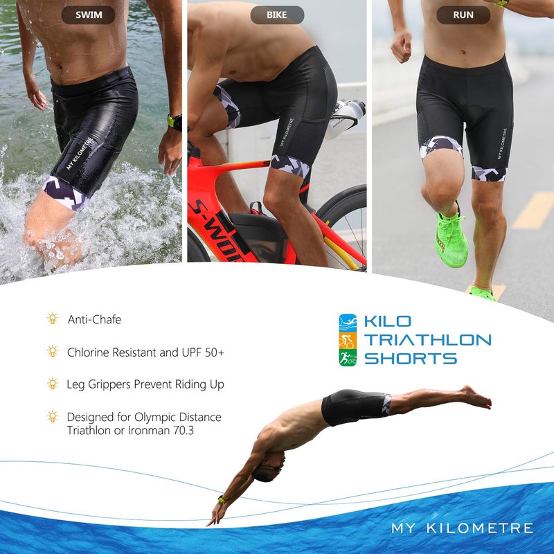 MY KILOMETRE Mens Triathlon Shorts with Adjustable Drawstring Easy Reach Leg Pockets Chamois for Long-Distance Tri Race (Black-Blue X-Large)