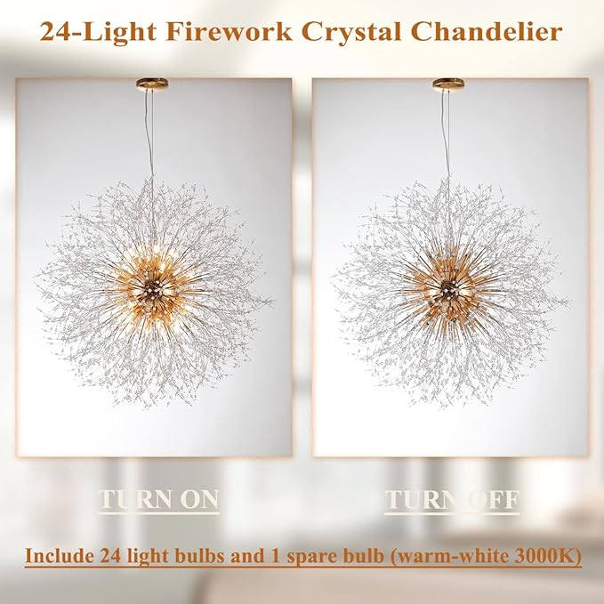 Large Dandelion Crystal Chandeliers, 24-Light Crystal Firework Pendant Lighting, 120W Gold Sputnik Hanging Chandelier Light Fixtures for Living Room Hallway