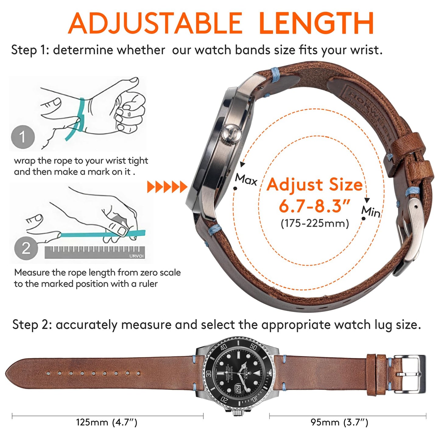 hemsut h 20mm Leather Watch Bands for Men, Thin Soft Horween Leather Watch Strap Quick Release Vintage Watch Wrap