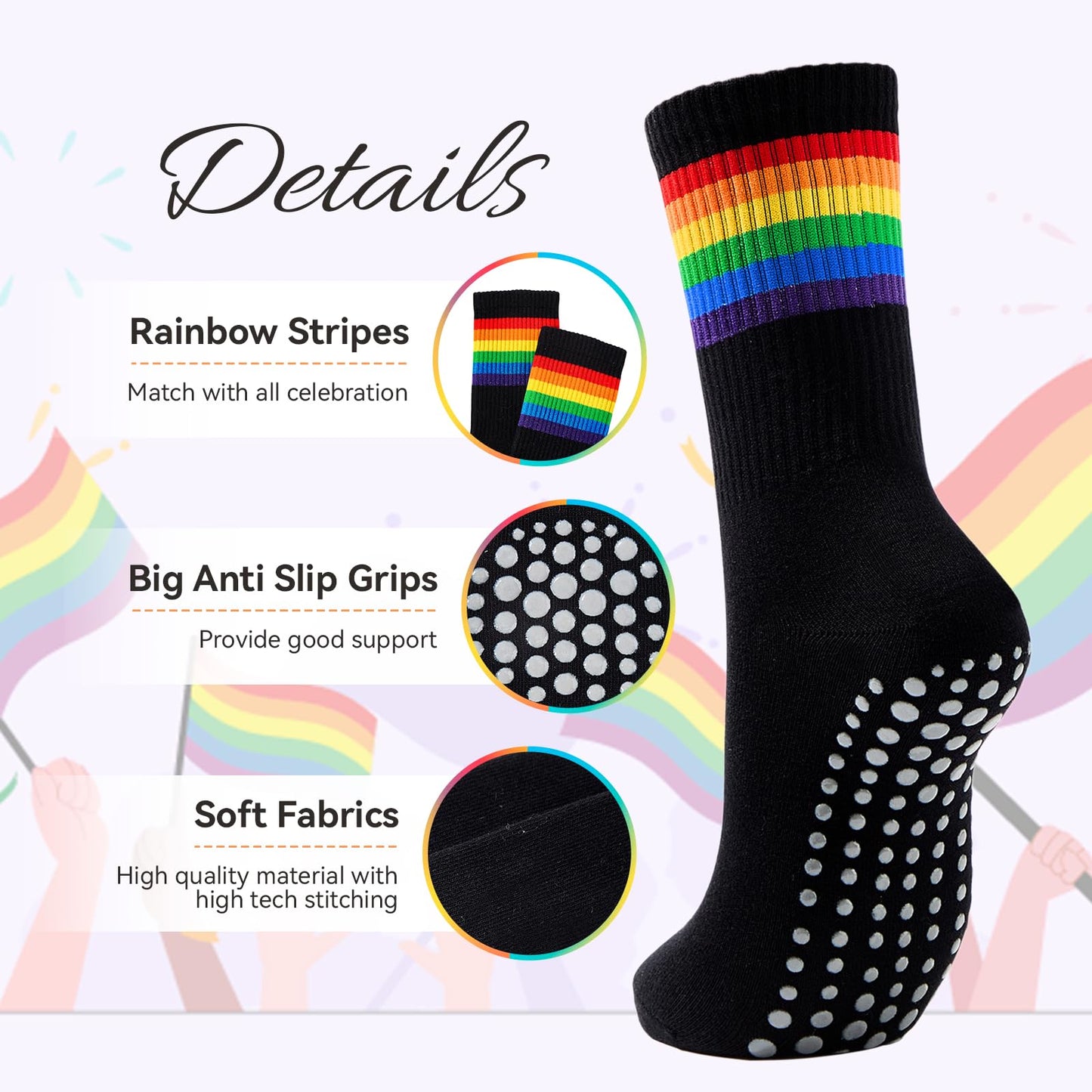 American Trends Pilates Socks with Grips for Women Pride Month Rainbow Outfit Yoga Non Slip Barre Socks Black Rainbow