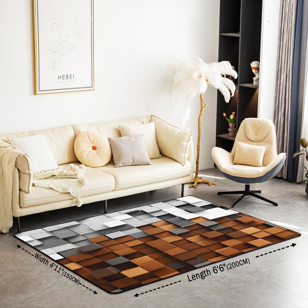 Pixelated Brown Gray Area Rug 3x5 Kids,Geometric Check Video Games Indoor Floor Mat for Boys Girls Teens,Gamepad Grid Decor Carpet Breathable Soft Microfiber Living Room Rugs for Bedroom Room Decor