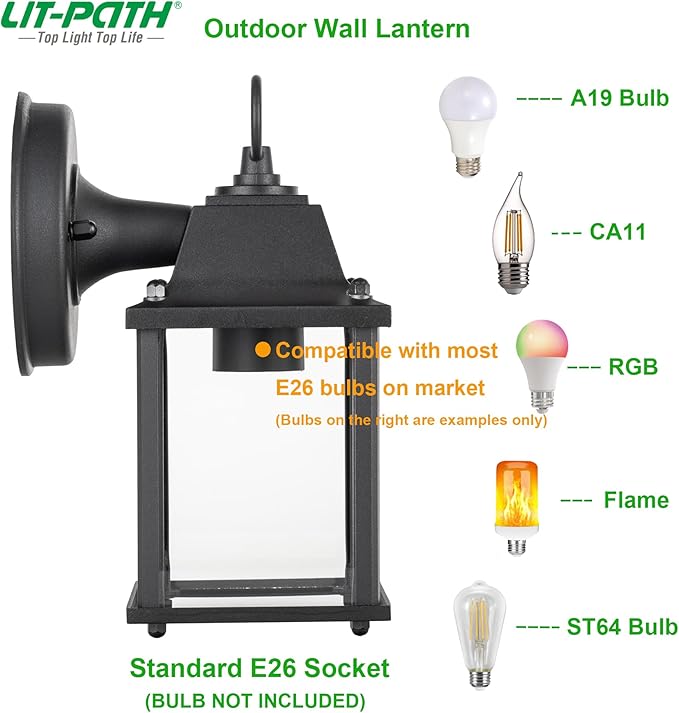 LIT-PaTH Outdoor Wall Lantern, Wall Sconce as Porch Lighting Fixture, E26 Base, Aluminum Housing Plus Glass, Water-Proof and Outdoor Rated, ETL Qualified, 1-Pack, Black