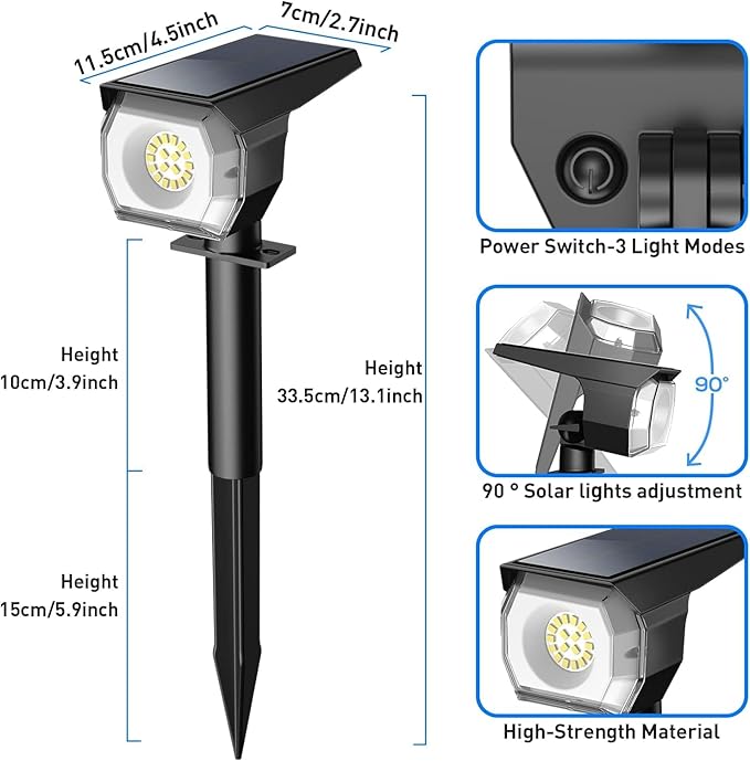 EIUIO Solar Outdoor Lights, 3 Lighting Modes Solar Spot Lights Outdoor with Auto On/Off, Waterproof Landscape Lighting for Garden Yard