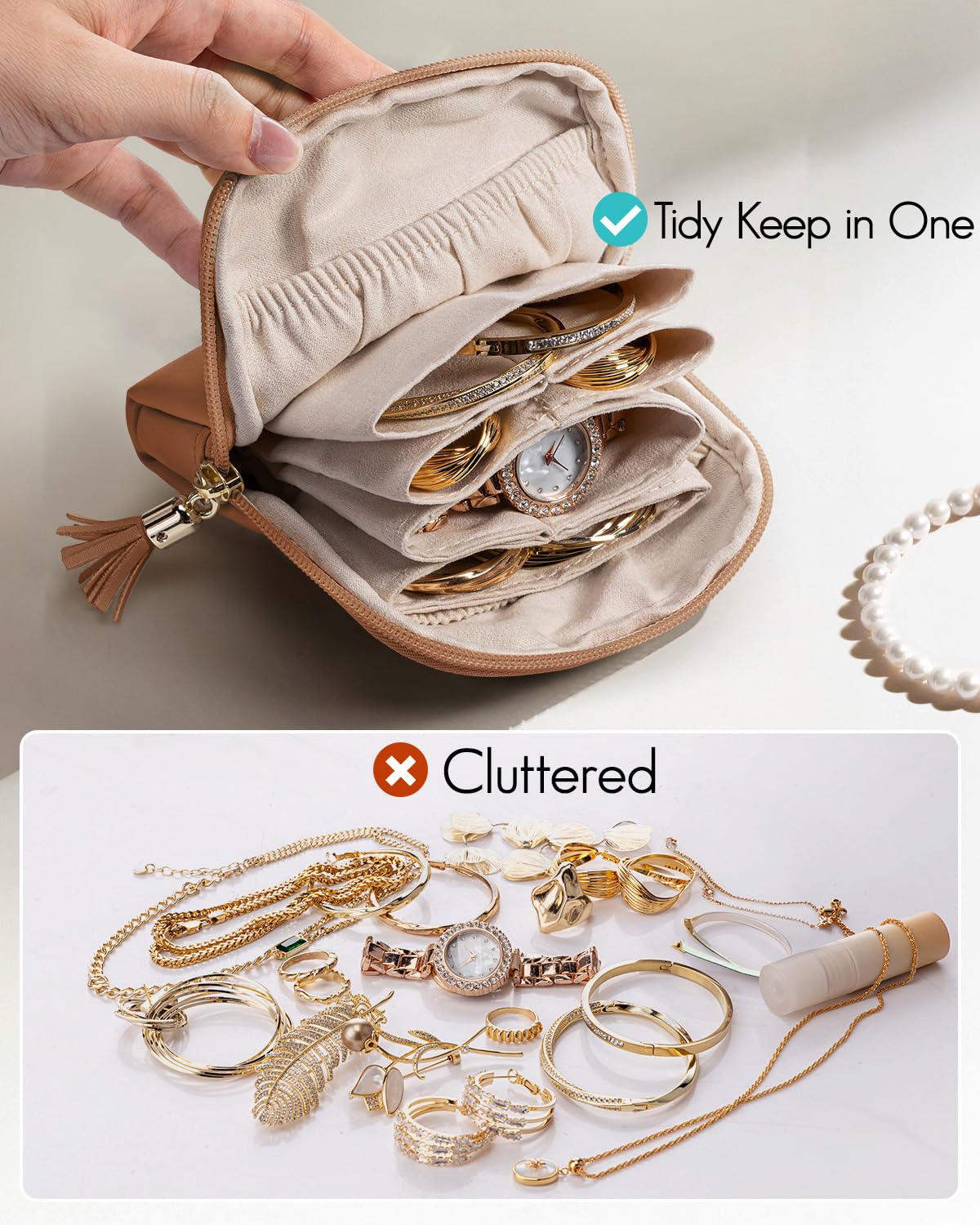 VLANDO Small Travel Jewelry Case,Jewelry Pouch Bags with Zipper,Velvet Jewelry Organizer Storage Bag for Bracelet Rings Earring-Brown