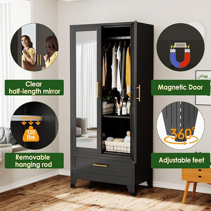 winiowa Metal Armoire Wardrobe Closet with Drawer, 71" Wardrobe Cabinet with Adjustable Shelves and Hanging Rod, Clothing Storage Cabinet Closet with Mirror for Bedroom-Black