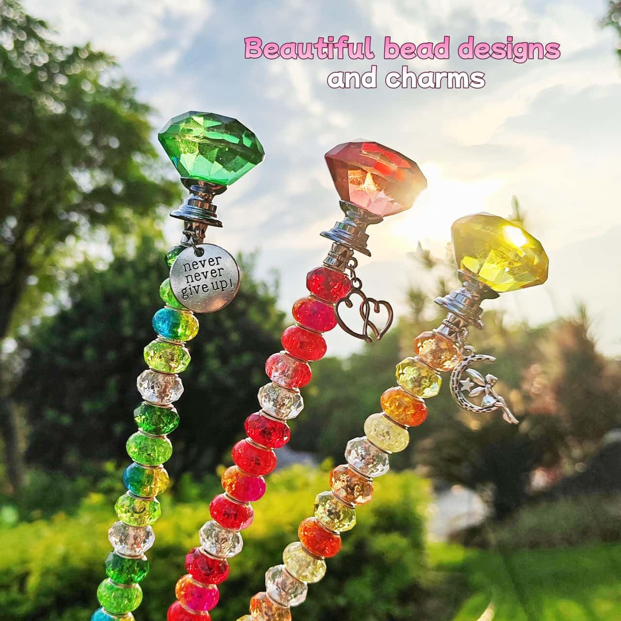 ZSlactp 72Pcs Beaded Garden Stakes Kit - DIY Fairy Wand Garden Stake Beads Kit, Fairy Garden Accessories Outdoor for Different Festivals, Garden Stake Decorative Diamond-(Red+Green+Yellow)