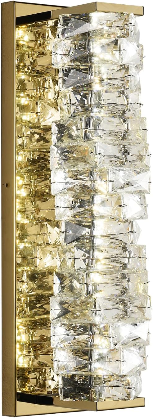 LED Crystal Wall Sconce Gold Mid Century Modern Wall Sconce Lighting 3000-4000K Color Temperature Adjustable LED Wall Light Glass Wall Mount Light Fixture for Bedroom Living Room Bathroom Room Hallway