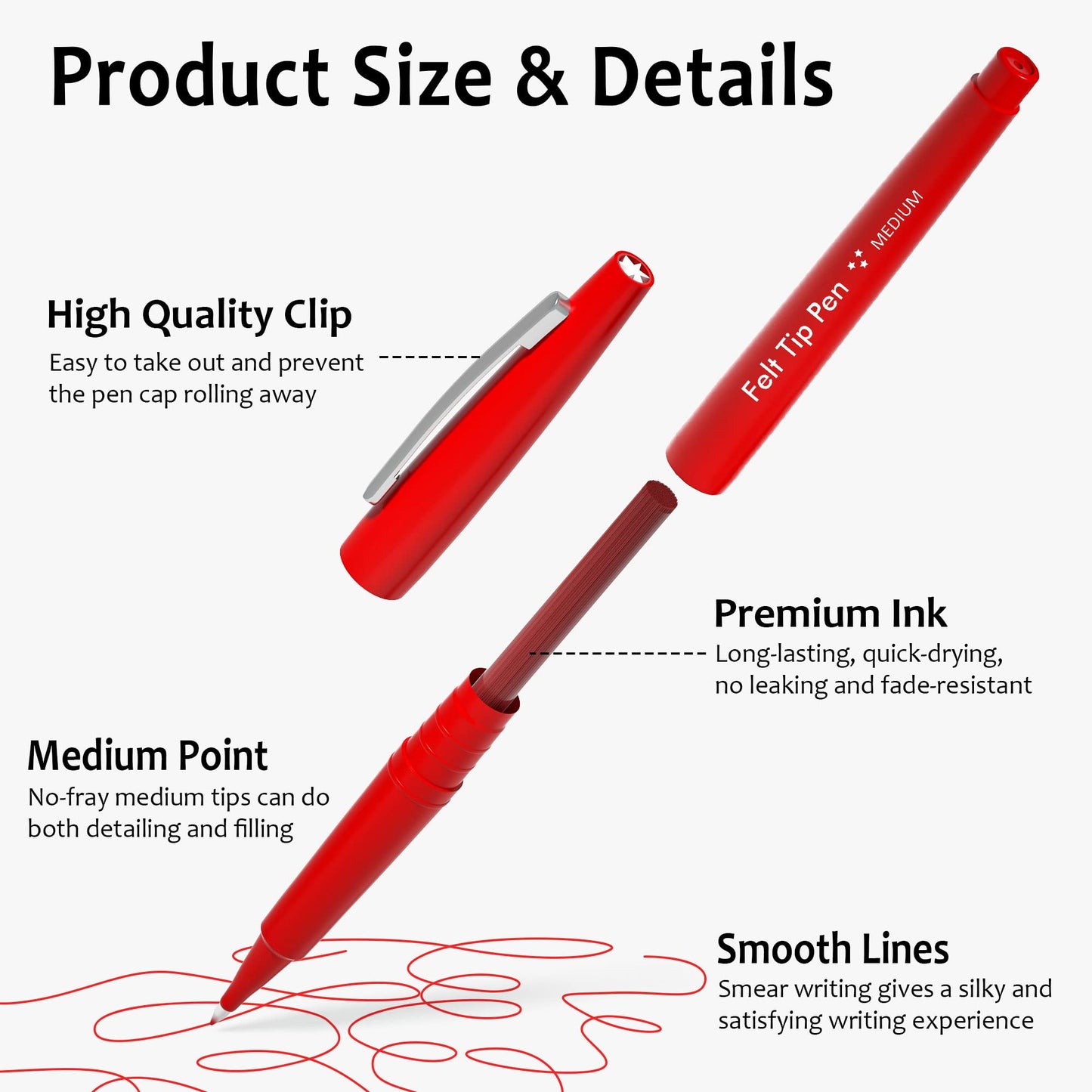 Lelix Felt Tip Pens, 40 Red Pack, 0.7mm Medium Point, Felt Tip Markers Pens for Journaling, Writing, Note Taking, Planner, Perfect for School Office and Art Supplies