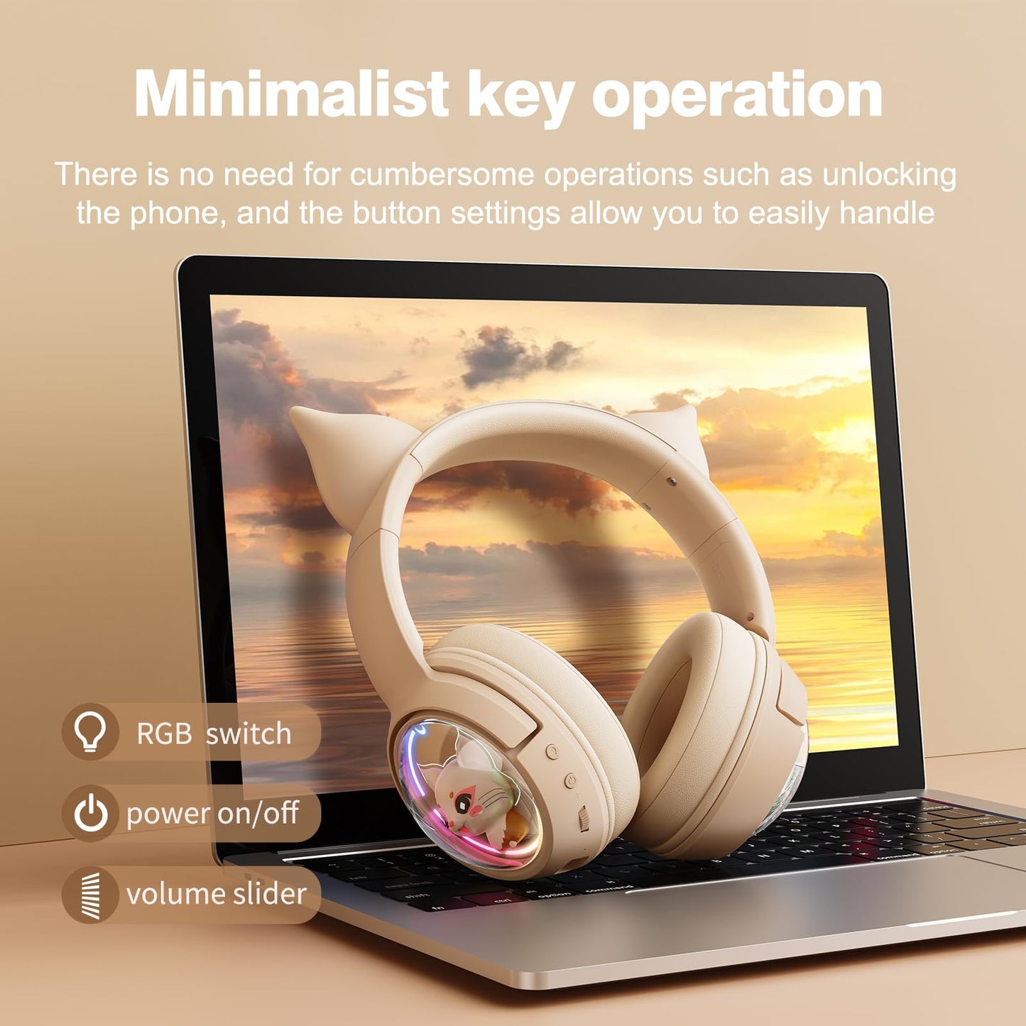 PHNIXGAM Cat Bluetooth Headphones, Wireless Headset with Mic, RGB LED Light Compatible with Mobile Phones PC Tablet, with 3.5mm Wired Mode for Audio Only, Beige