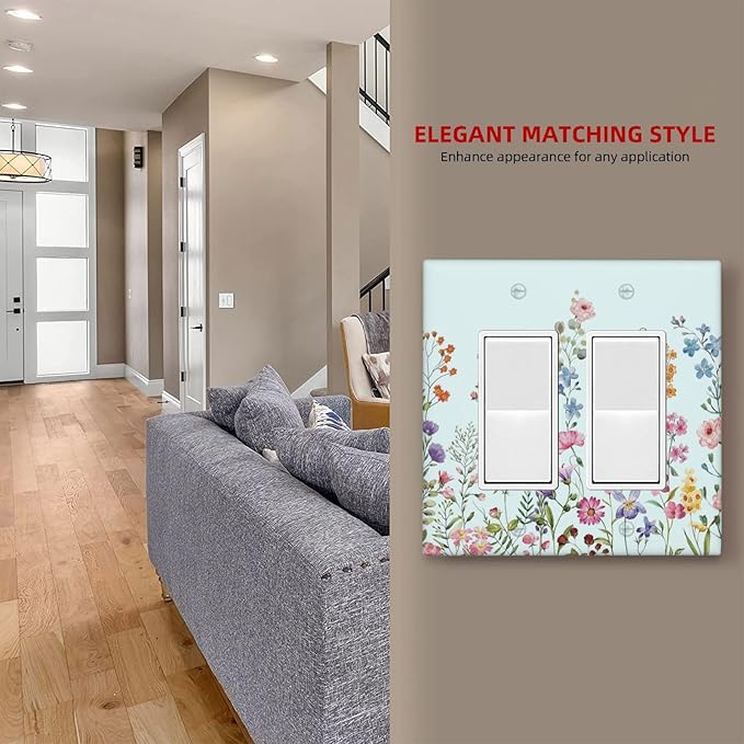 Rustic Wild Floral Vintage Blue Watercolor Flower 2 Gang Rocker Decora Light Switch Covers Decorative Unique Dual Outlet Covers Wall Plate Electrical Faceplate Switchplate GFCI for Bedroom