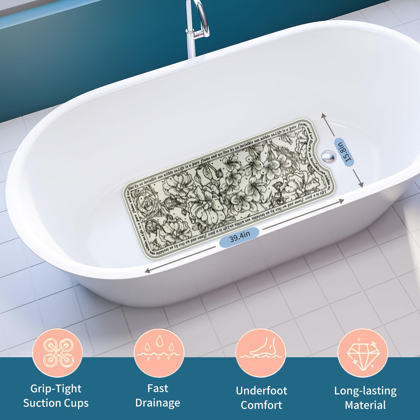 HONEYYEAR Non-Slip Large Bathtub Mat - 39.4"x15.8" with 200 Suction Cups, Massage Pebble Design & 176 Drain Holes, Safe Shower Mat for Elderly, Kids, Spa, Machine Washable, Floral Pattern