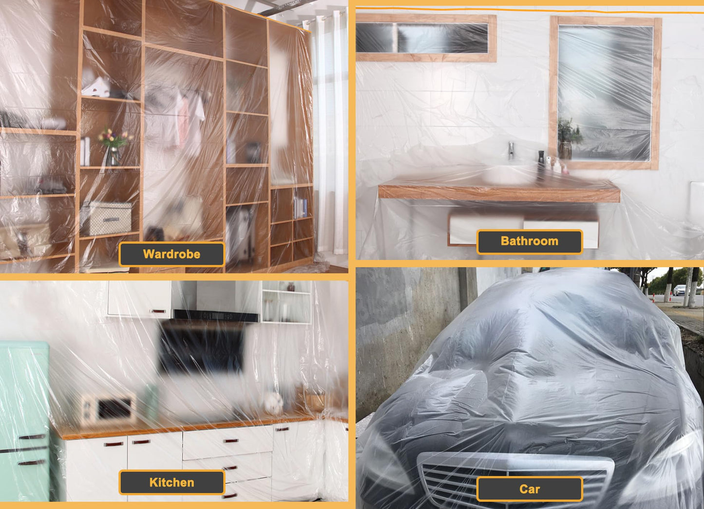 Muf 9 x 65 Feet Plastic Drop Cloth Plastic Sheeting with Masking Tape,Waterproof Protective Masking Film,Prevent Dust Paint for Car,Furniture,Carpet,Floor,1 Pack