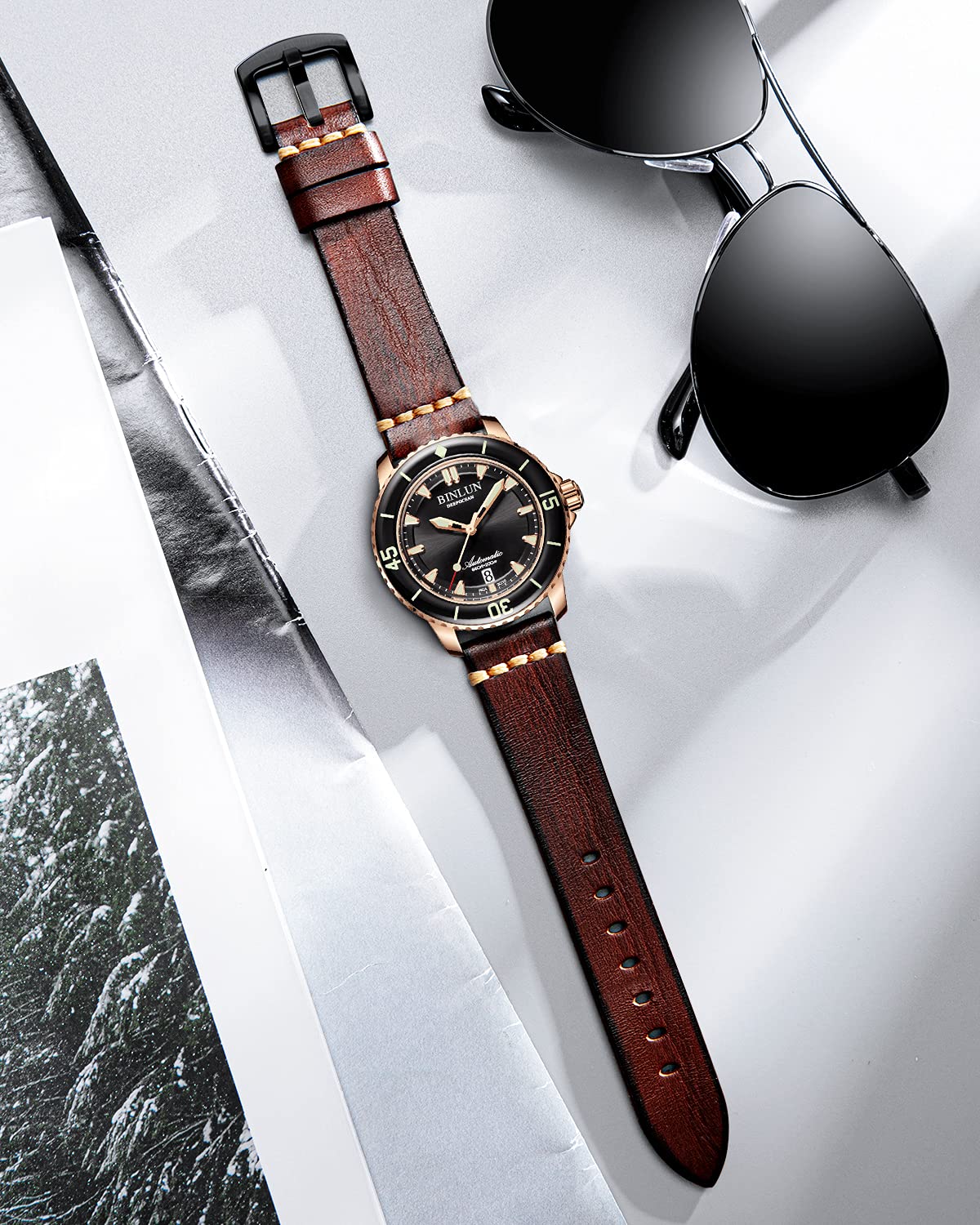 BINLUN Leather Watch Band Rubbing Watch Straps Vegetable Tanned Watch band Handmade Top Grain Watch bands for Men Women(24mm,Light Brown/Black Buckle)