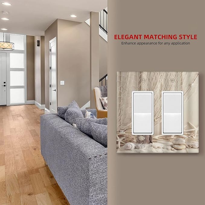 Nautical Coastal Double Rocker Light Switch Cover Seashell Fishing Net Ocean Lighthouse Starfish 2 Gang Outlet Wall Plate Decorative GFCI Switchplate Electrical Faceplate Beach Theme Decor