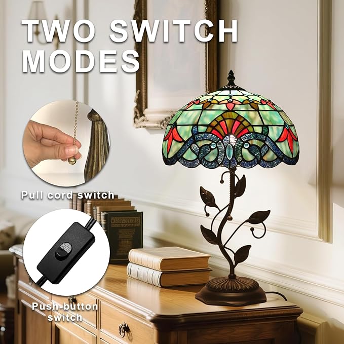 Tiffany Style Table Lamp Handmade Stained Glass Bedside Lamp 12x12x20 inch Metal Leaf Base,Art Glass Lamp for Living Room, Bedroom, Office Decor(Baroque)