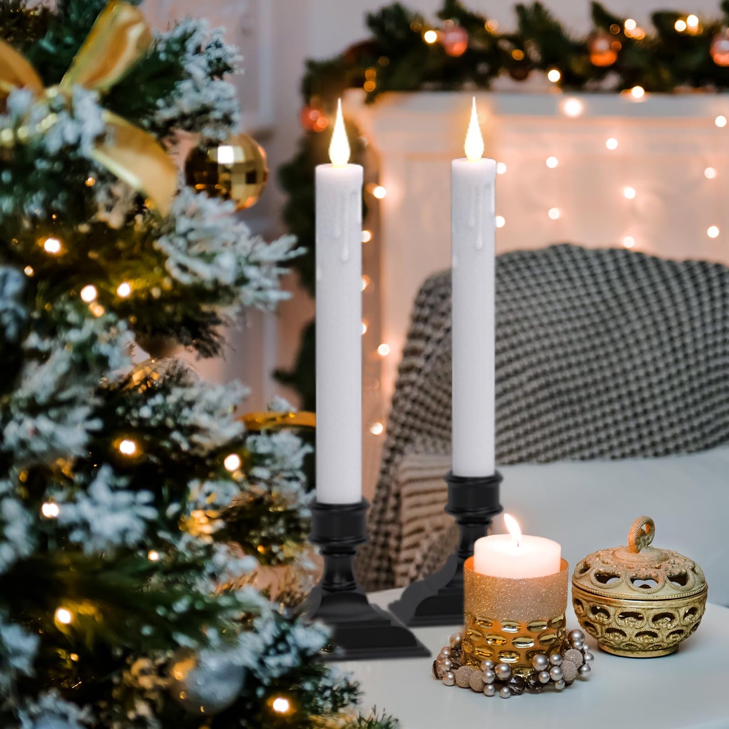 GenSwin Taper Flameless Candles Flickering with 2 Remote Controls and Timer, Battery Operated Led Warm 3D Wick Light Window Candles Real Wax Pack of 8, Christmas Home Decor(White, 0.78 X 9.64 Inch)
