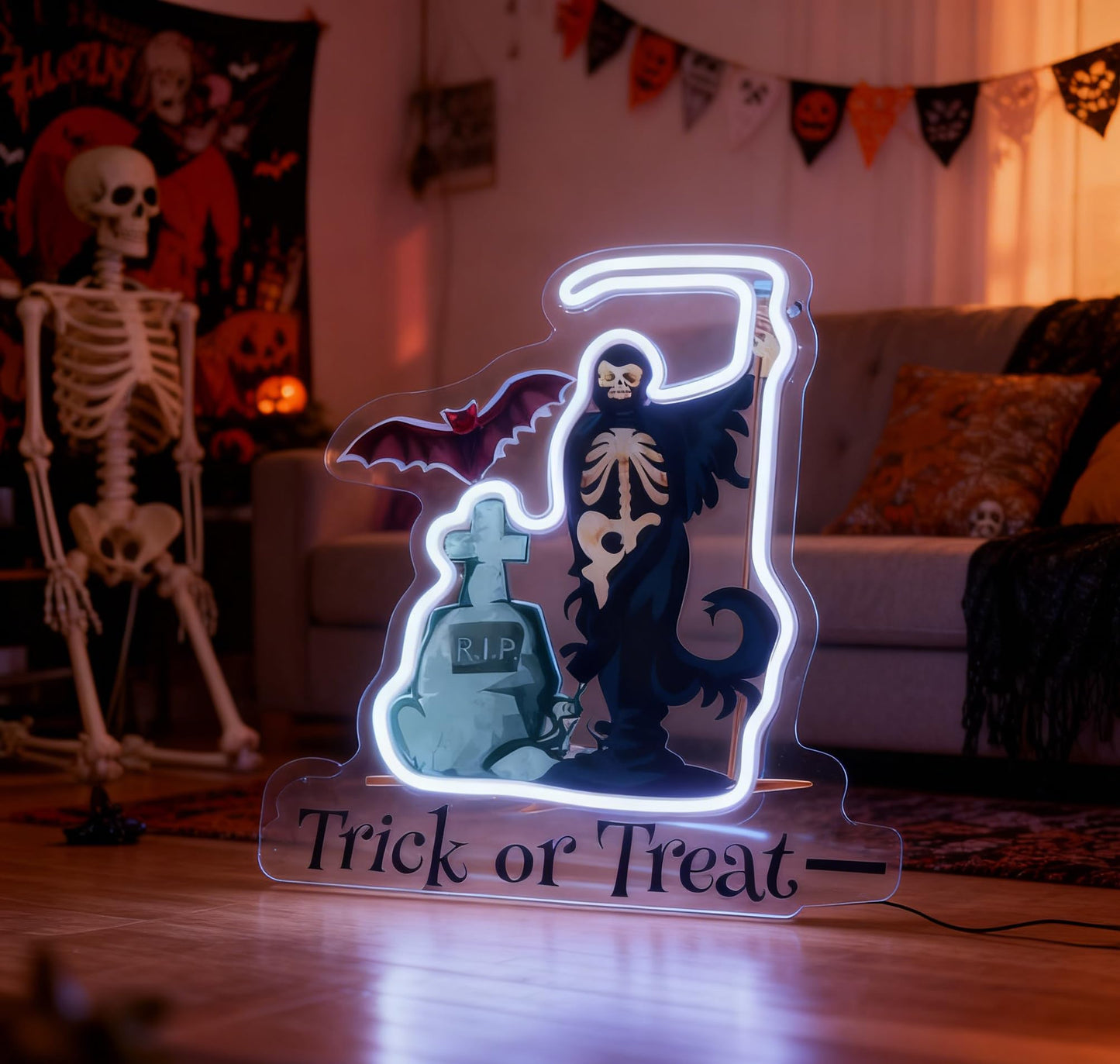 Trick or Treat LED Neon Sign, Home Front Porch Haunted House Horror Themed Party Wall Table Decor, Halloween Light Up Sign, USB Powered Decorative Light 13.8 x 13.8 In