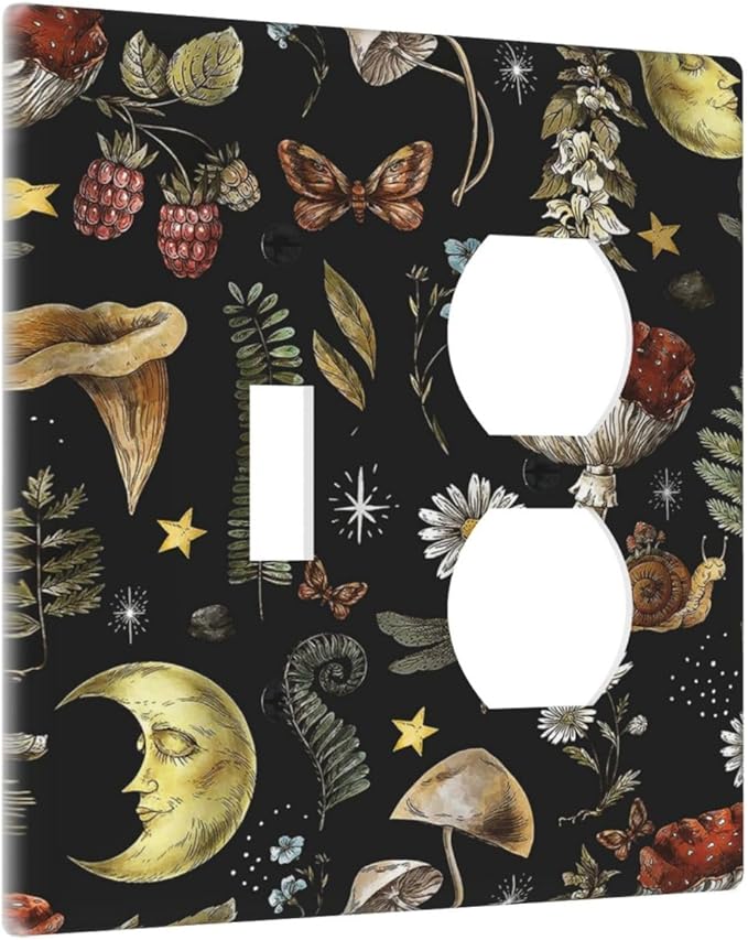 Decorative Light Switch Cover Plate Nature Plant Botanical Daisy Musrhoom Snails And Moon 2 Gang Outlet Covers 1 Toggle 1 Duplex Wall Plate Decorate Electrical Switch Plate Covers for Bathroom Home
