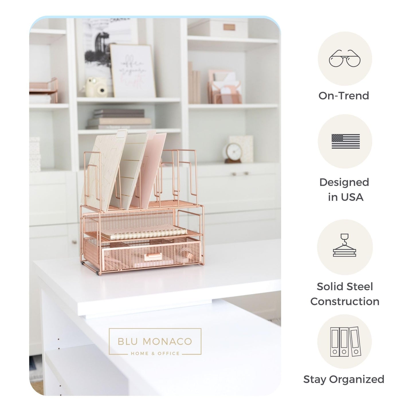 BLU MONACO | Rose Gold Desk Organizer with Drawer | Metal Desk Organizer with File Sorters and Storage Compartments | Office Desk Organizer for Paper Folders and Supplies