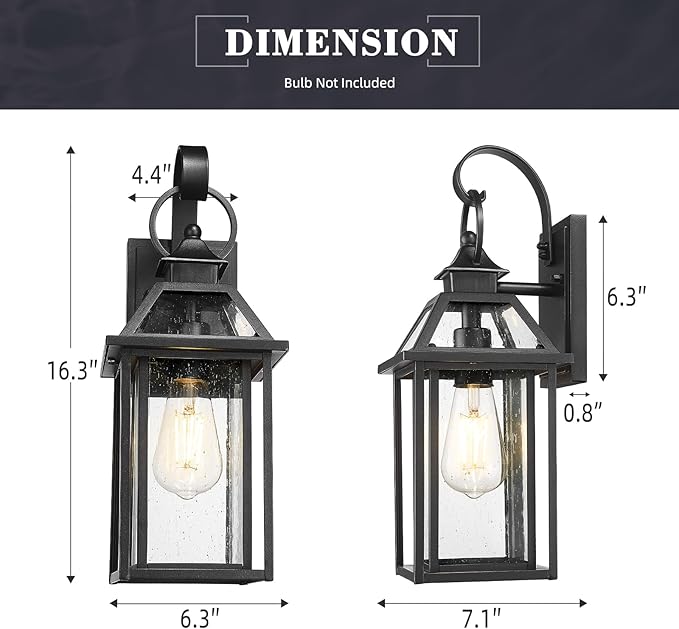 zeyu Outdoor Wall Mount Light Sconce, 16.3 Inch Farmhouse Exterior Wall Light for Garage in Black Finish, Die-Cast Aluminum with Seeded Glass Shade, ZW114B BK