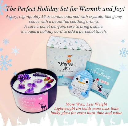 Moira's Bazaar Winter's Joy Gift Set –16 Oz 50 Hr Scented Candle with Crystals & a Crochet Positive Penguin | Christmas, Holiday, or Motivational Gift, Artisanal Luxury Fragrances (Twilight Whisper)