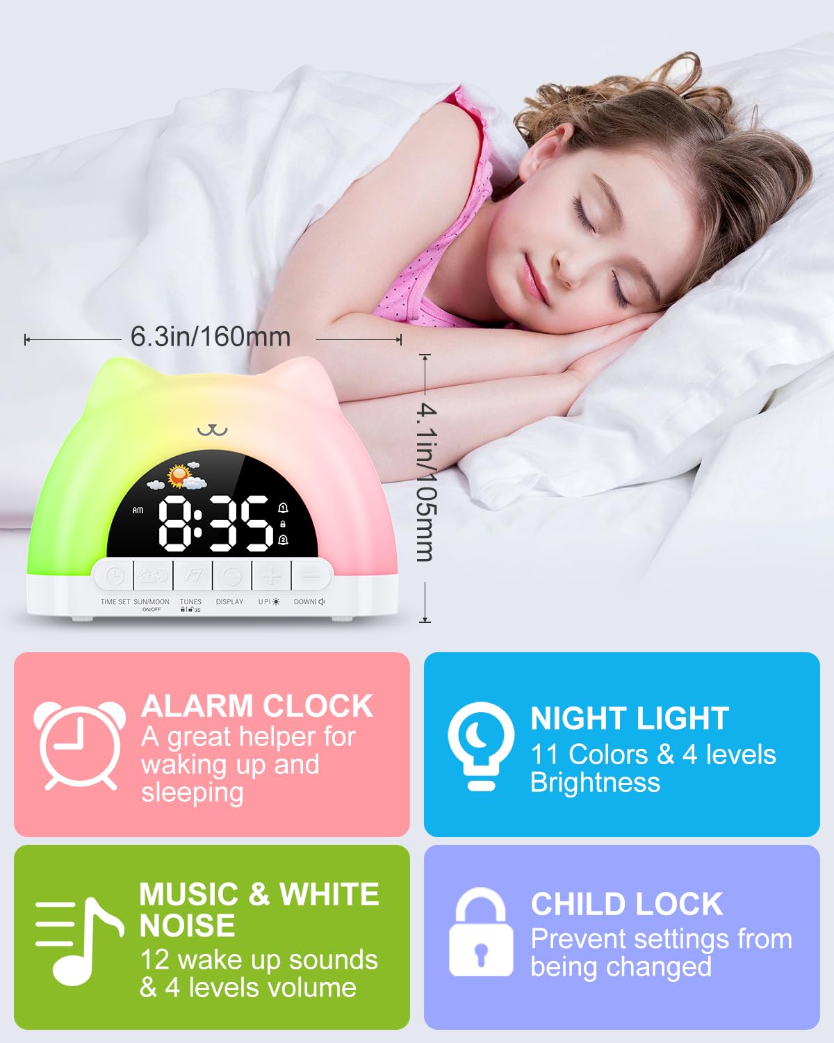 OQIMAX Kids Alarm Clock, Wake Up Clock with 11 Colors Night Light, Toddlers Sleep Training Clocks with 10 Ringtones, Brightness Adjustment, Dual Alarms Plug in OK to Wake Clocks for Girls Boys