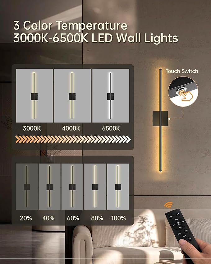 Battery Operated Wall Sconces with Remote Control, Dimmable Wall Sconces Set of Two, 3000K-6500K LED Wireless Picture Lights for Wall, Bedroom, Hallway, Living Room, 350°Rotate, 28.3 Inch(2 Pack)