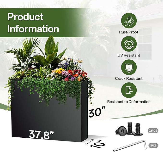 Metal Planter Box 38" x 10"x 30",Heavy-duty Galvanized Steel Outdoor Planter with Removable Built-in shelf and Drainage Holes,Rectangular Planter for Porches, Gardens, Patios, and Courtyards，Black