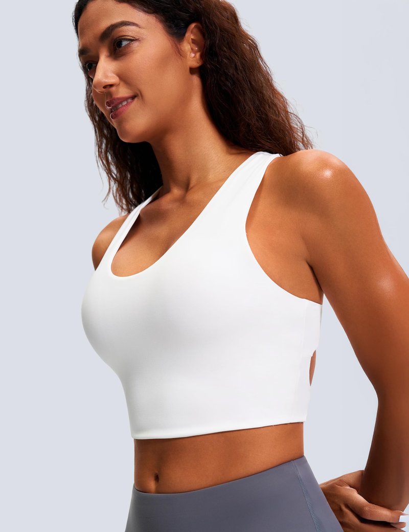 JOYSPELS Stunning Criss-Cross Back Sports Bra, Buttery Soft Longline Yoga Tank Top with Removable Padding, Padded Open-Back Workout Top for Pilates, Barre & Medium-Impact Gym White