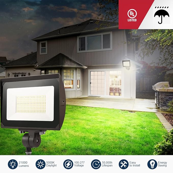 150W Outdoor LED Flood Light with Plate, 5000K Daylight 21000LM 100-277V, UL/DLC Waterproof LED Security Flood Lighting for Wall Wash/Sign/Flagpole/Tree/Yards/Advertising Boards