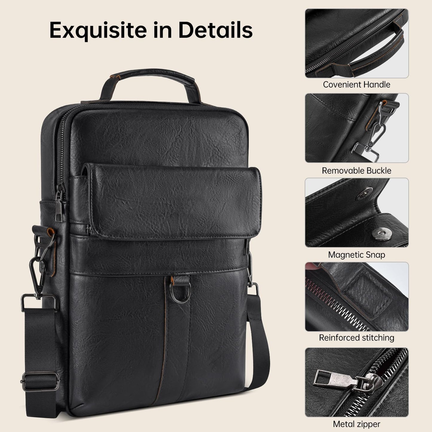 13 Inch Laptop Shoulder Bag Leather Carrying Case for Macbook Air 13" M5 M4 M3 M2 A3449 A3420 A3113 A2681/MacBook Pro 14" M5 M4 M3/2026 MacBook Neo, Vertical Laptop Sleeve Messenger Computer Bag,Black