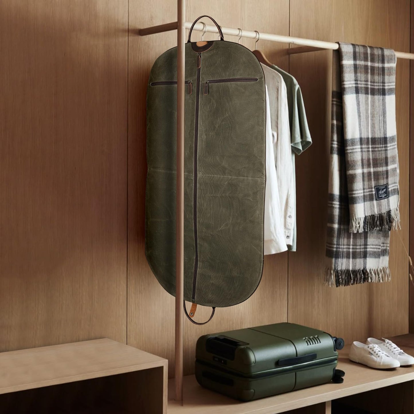 Polare 43” Waxed Canvas Full Grain Leather Trim Carry On Garment Bag for Travel, Waterproof Dust-Proof Foldable Hanging Suitcase Weekender Garment Cover with YKK Zipper (Army Green)