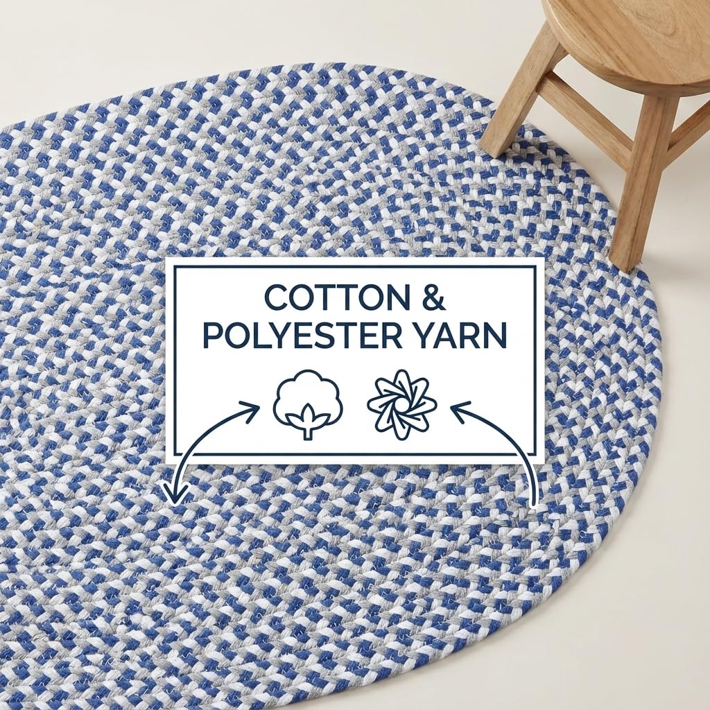 Super Area Rugs Tri-Color Cotton Farmhouse Braided Rug - Buffalo Check Blue,White,Gray 2' X 3' Oval